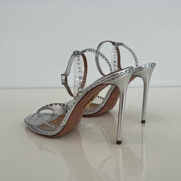 AQUAZZURA SILVER PVC LEATHER CRYSTAL SANDALS SIZE IT 38 / US 8 NEW IN BOX! - Picture 14 of 17